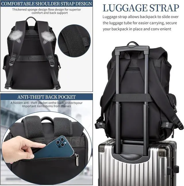 Alt view image 5 of 7 - Black backpack men, 16 inch laptop backpack for men, Drawstring anti-theft waterproof tech backpack with laptop compartment, Large 30 L