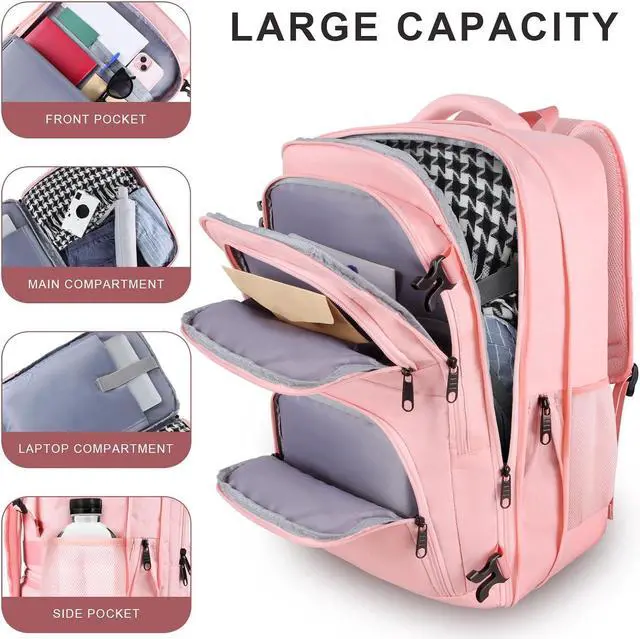 Alt view image 2 of 7 - Travel Backpack for Women, 52L Carry On Backpack, Extra Large Expandable Travel Bag, 18.4 Inch TSA Flight Approved Luggage Personal Item Size with USB, Teacher Business Daypack, Pink