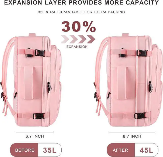 Alt view image 3 of 7 - Travel Backpack for Women, 52L Carry On Backpack, Extra Large Expandable Travel Bag, 18.4 Inch TSA Flight Approved Luggage Personal Item Size with USB, Teacher Business Daypack, Pink