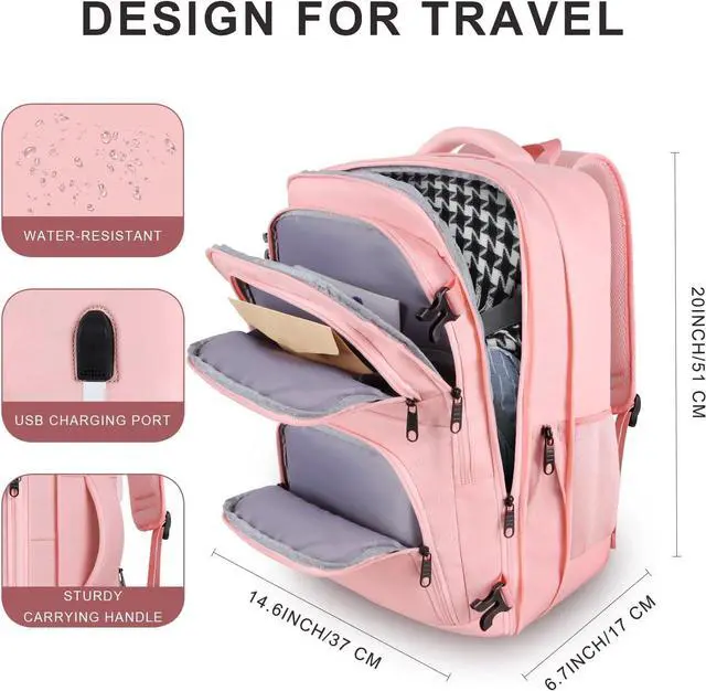 Alt view image 5 of 7 - Travel Backpack for Women, 52L Carry On Backpack, Extra Large Expandable Travel Bag, 18.4 Inch TSA Flight Approved Luggage Personal Item Size with USB, Teacher Business Daypack, Pink