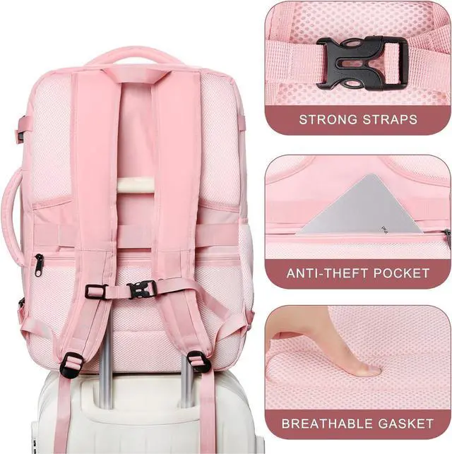 Alt view image 6 of 7 - Travel Backpack for Women, 52L Carry On Backpack, Extra Large Expandable Travel Bag, 18.4 Inch TSA Flight Approved Luggage Personal Item Size with USB, Teacher Business Daypack, Pink