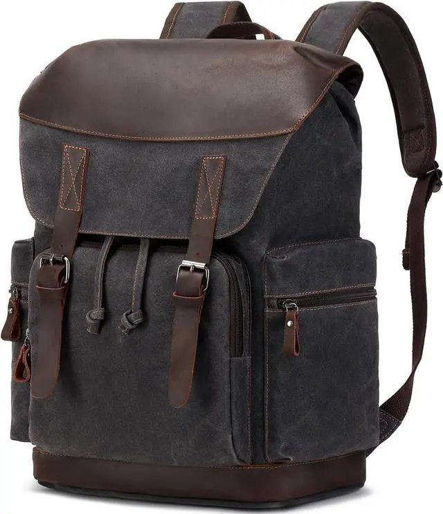 Main image of Nerlion Leather Backpack for Men Waxed Canvas Laptop Backpack 17.3 Inch Rucksack Vintage Travel Backpack (Black)