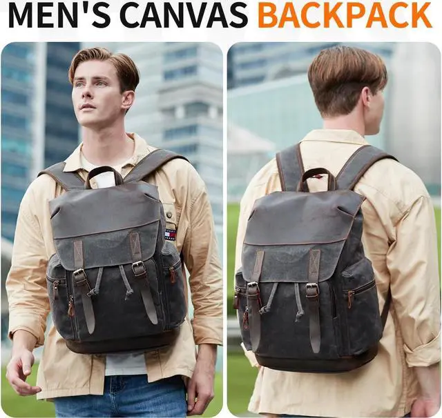 Alt view image 2 of 6 - Nerlion Leather Backpack for Men Waxed Canvas Laptop Backpack 17.3 Inch Rucksack Vintage Travel Backpack (Black)