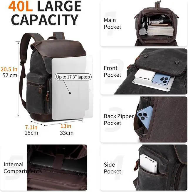 Alt view image 3 of 6 - Nerlion Leather Backpack for Men Waxed Canvas Laptop Backpack 17.3 Inch Rucksack Vintage Travel Backpack (Black)