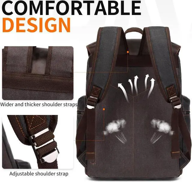 Alt view image 5 of 6 - Nerlion Leather Backpack for Men Waxed Canvas Laptop Backpack 17.3 Inch Rucksack Vintage Travel Backpack (Black)