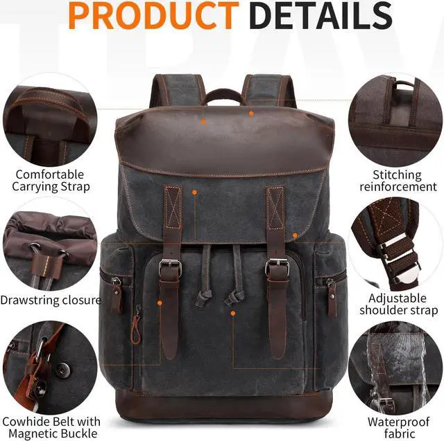 Alt view image 4 of 6 - Nerlion Leather Backpack for Men Waxed Canvas Laptop Backpack 17.3 Inch Rucksack Vintage Travel Backpack (Black)