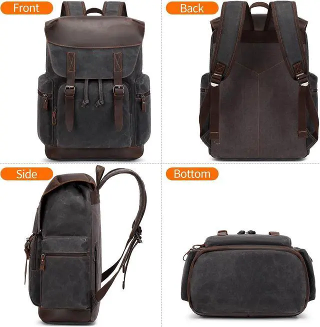 Alt view image 6 of 6 - Nerlion Leather Backpack for Men Waxed Canvas Laptop Backpack 17.3 Inch Rucksack Vintage Travel Backpack (Black)