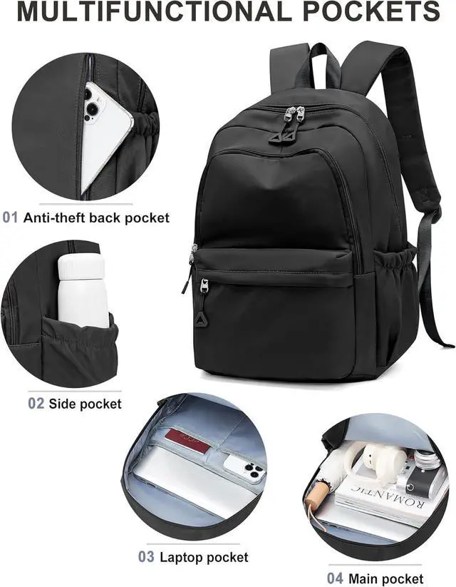 Alt view image 3 of 6 - winspansy Backpack for School Teenage Girls Boys,Waterproof Lightweight School Bags Travel Daypack Simple Cute College Backpack Rucksack for Women Men fit 14 Inch Laptop,Black