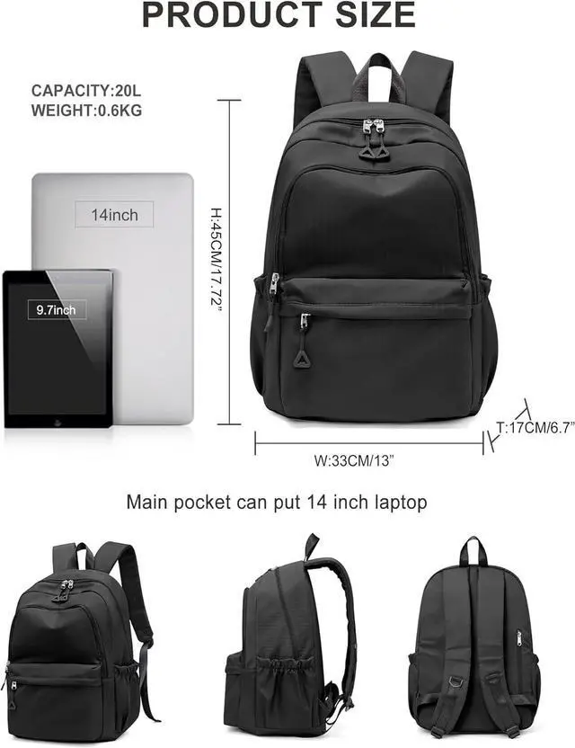 Alt view image 2 of 6 - winspansy Backpack for School Teenage Girls Boys,Waterproof Lightweight School Bags Travel Daypack Simple Cute College Backpack Rucksack for Women Men fit 14 Inch Laptop,Black