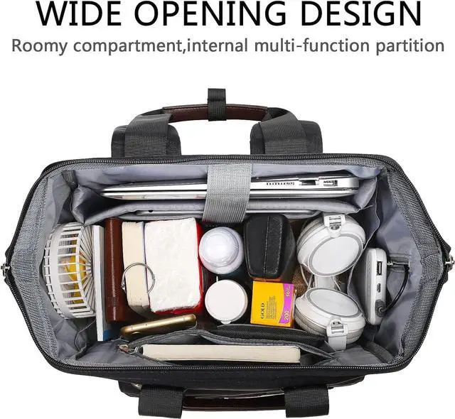 Alt view image 3 of 7 - FALANKO Laptop Backpack For Women, Work Doctor Teacher Nurse Wide Open College 15.6 Inch Laptops Backpack Purse with USB Charging Port, Travel Water Resistant RFID Computer Bag for Men Women Black