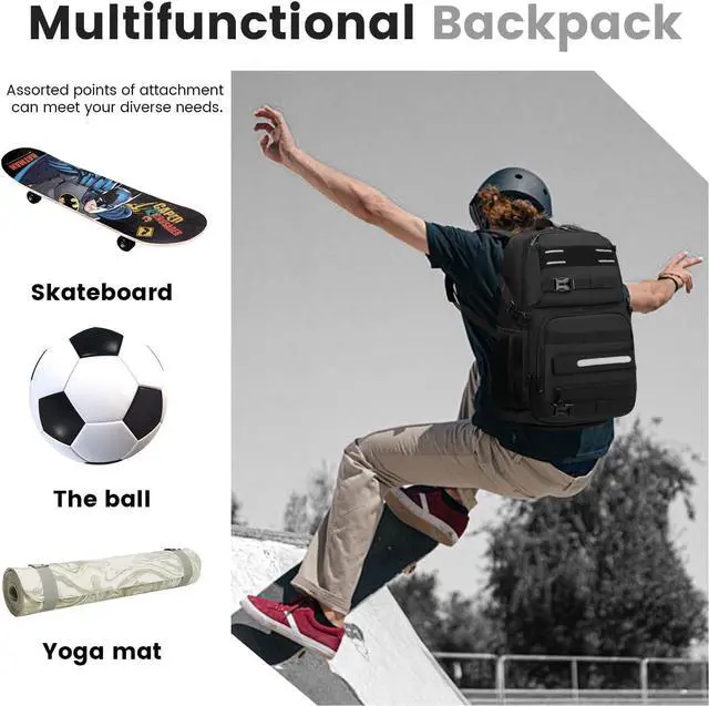 Alt view image 2 of 6 - Skateboard Backpack, Laptop Backpack with USB Charging Port, RFID Anti-Theft Lock, Waterproof Fabric, Fits up to 15.6 Inch Laptop, for Business Travel Men (Black)