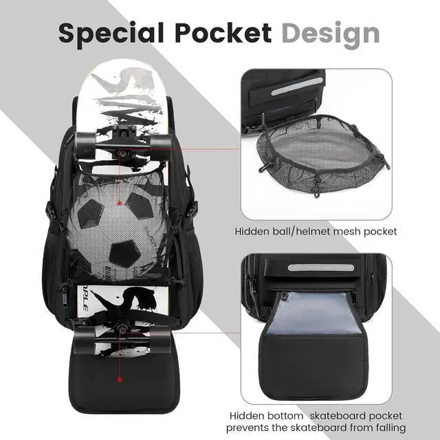 Alt view image 3 of 6 - Skateboard Backpack, Laptop Backpack with USB Charging Port, RFID Anti-Theft Lock, Waterproof Fabric, Fits up to 15.6 Inch Laptop, for Business Travel Men (Black)