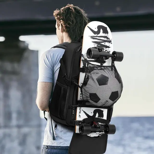 Alt view image 6 of 6 - Skateboard Backpack, Laptop Backpack with USB Charging Port, RFID Anti-Theft Lock, Waterproof Fabric, Fits up to 15.6 Inch Laptop, for Business Travel Men (Black)