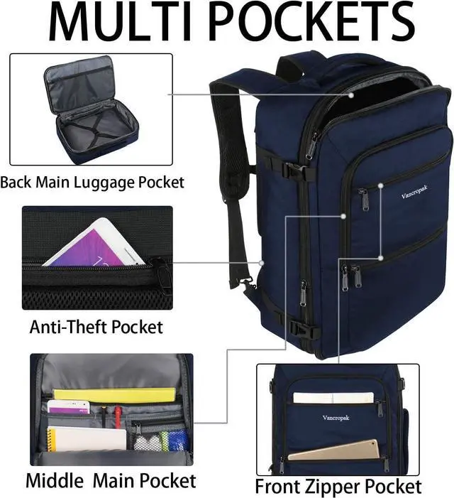 Alt view image 3 of 7 - Vancropak 35L Traveling Backpack, Airplane Approved Travel Carry on Bag hand luggage, Water Resistant Lightweight Luggage Suitcase Backpack Overnight Weekender Business Daypack Bag for Men Women, Blue