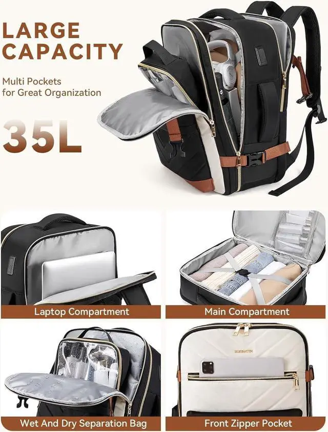 Alt view image 3 of 6 - BOSTANTEN Travel Backpack For Women, TSA Carry On Backpack for Airplanes, Personal Item Backpack Fits 15.6 Inch Laptop with USBType-C Charging Port, Weekender Overnight Daypack with 2 Packing Cubes