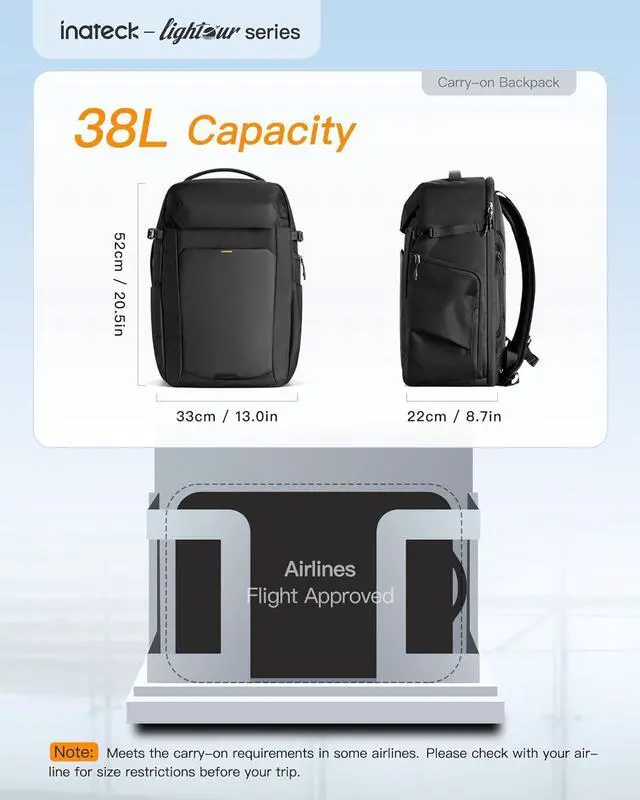 Alt view image 2 of 7 - Inateck 40L Carry On Travel Laptop Backpack, TSA Friendly, Flight Approved, With Separate Shoe Compartment, Splash-resistant Hand Luggage for Men Women, Compatible with 17 inch Laptop, Black