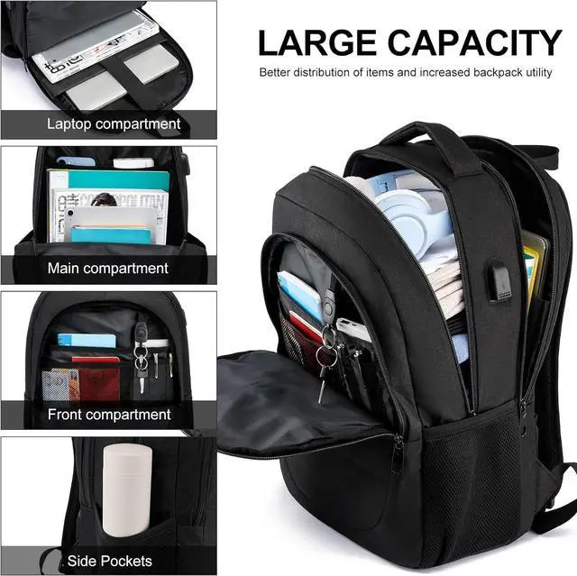 Alt view image 2 of 7 - Backpack for Men Women, School Backpacks for Teens Boys and Girls, Laptop Backpack with USB Charger, 15.6 Inch Laptop Bookbag for College High School Work Travel, Black