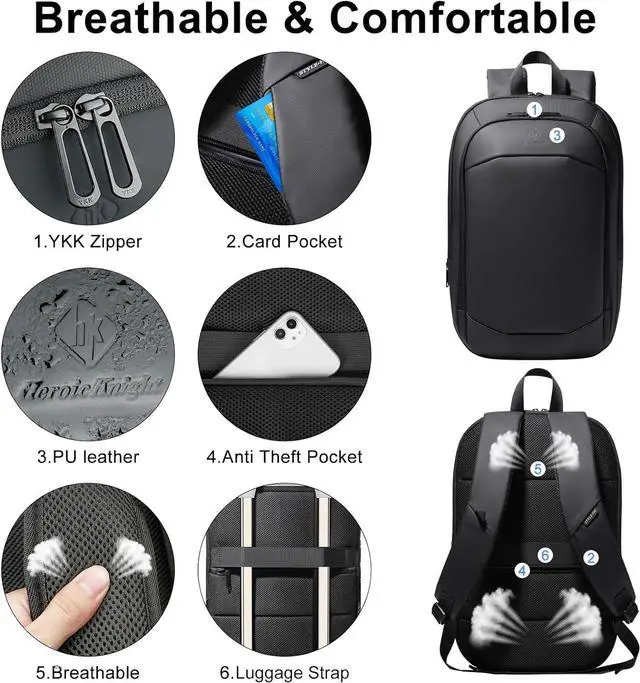 Alt view image 6 of 7 - hk Slim Laptop Backpack, Lightweight Expandable High-Tech Business Work Backpack for Men Women,15.6 Inch Anti-theft Waterproof Travel Backpack Durable College Casual Daypack Computer Laptop Bag-Black
