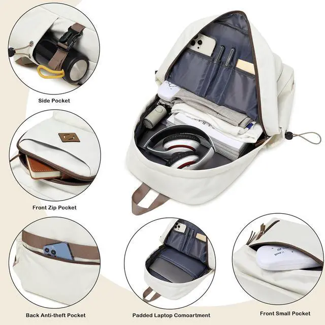 Alt view image 4 of 6 - AO ALI VICTORY laptop backpack 15.6 inch anti theft travel backpacks for men and women large college bookbag work business daypack middle high school bag for girls boys teens students beige