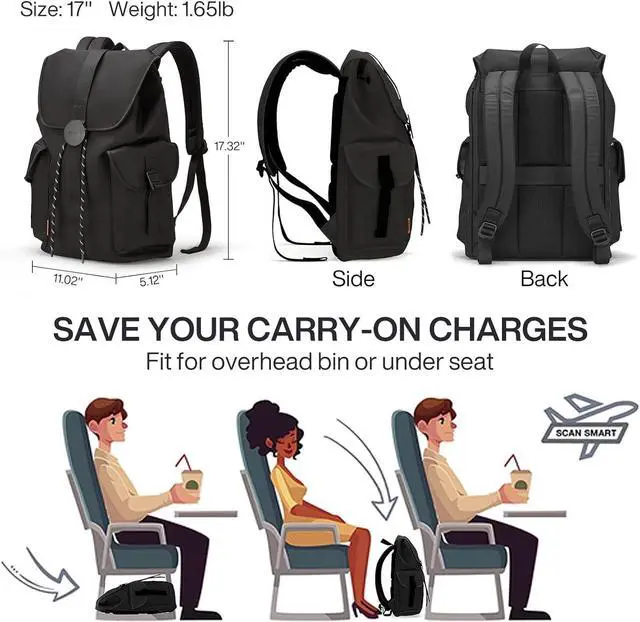 Alt view image 6 of 6 - mixi Travel Laptop Backpack for Women & Men Carry On Backpack fits 16'' Laptop, Waterproof Lightweight Casual Hiking Weekender Bags Rucksack,17 Inch, Knight Black