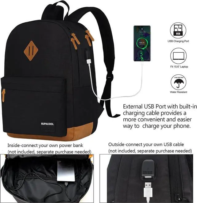 Alt view image 2 of 7 - SUPACOOL Lightweight Laptop Backpack with USB Charging Port for Men and Women, Double Layers Backpack for College, Work, Travel, Casual(Black and brown)