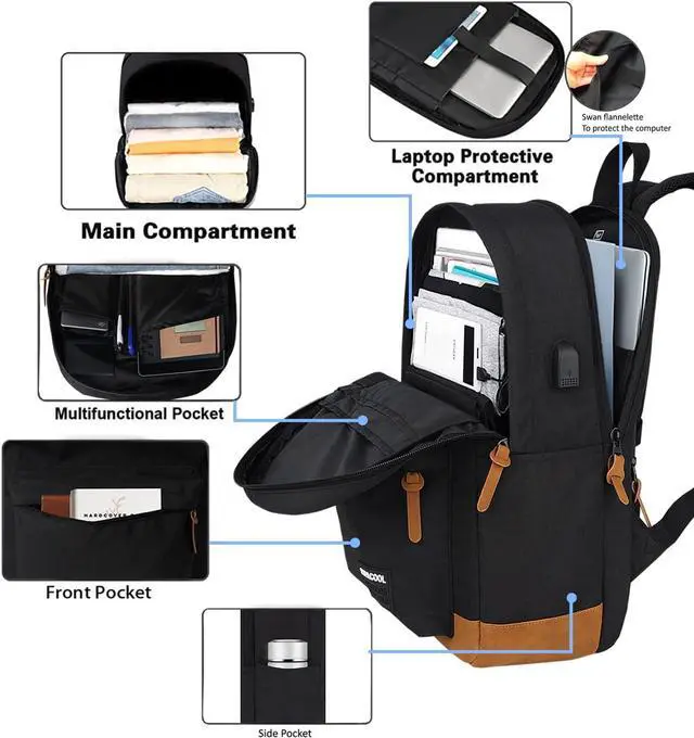 Alt view image 3 of 7 - SUPACOOL Lightweight Laptop Backpack with USB Charging Port for Men and Women, Double Layers Backpack for College, Work, Travel, Casual(Black and brown)