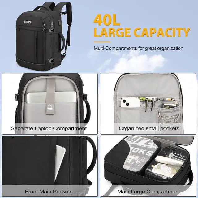 Alt view image 6 of 7 - Carry On Backpack for Men Women,42L Flight Approved Travel Backpack with 4 Packing cubes,Expandable Water-resistant 17Inch Laptop Backpack,Casual Daypack Businless Weekend Hiking