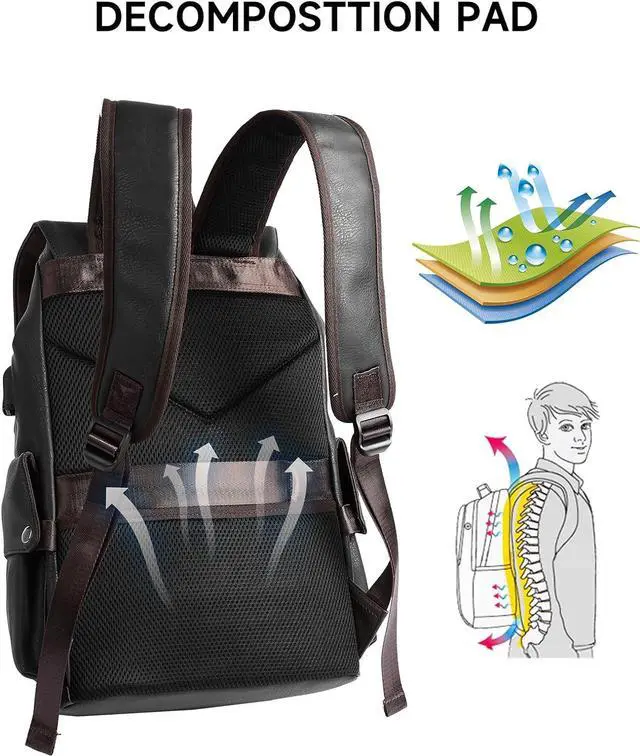 Alt view image 4 of 7 - Laptop Travel Backpack For Men Vintage PU Leather Water-Resistant College School Casual 15.6" Laptop Work Backpack Gift For Male Female Black