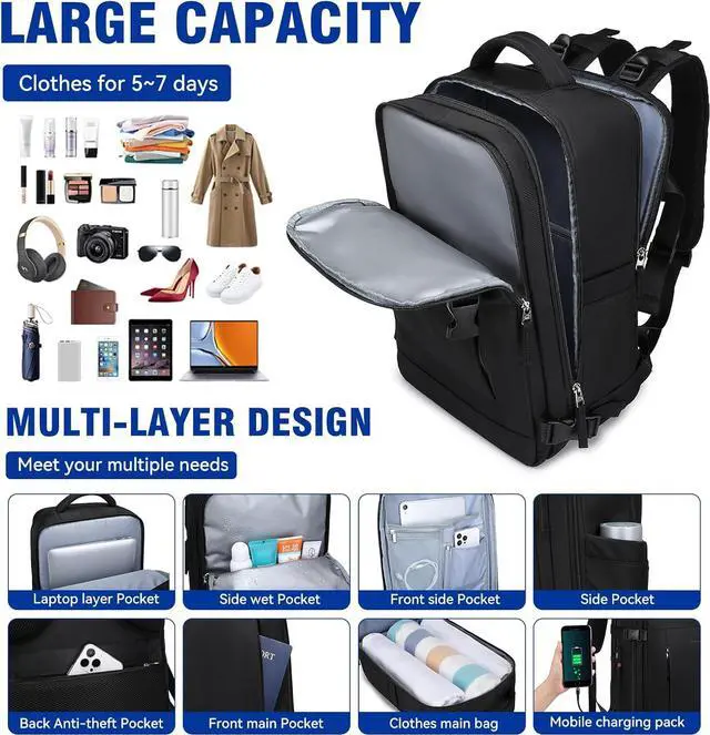 Alt view image 2 of 7 - 40L Travel Backpack for Men, 17-inch Laptop Backpack Carry-On Backpack Airline Approved, Anti-theft Backpack with USB Port, Hiking Backpack for Flight, Black