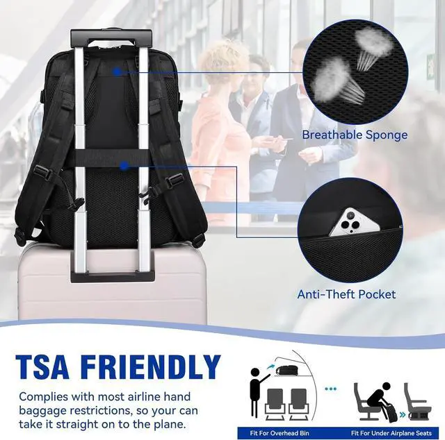 Alt view image 3 of 7 - 40L Travel Backpack for Men, 17-inch Laptop Backpack Carry-On Backpack Airline Approved, Anti-theft Backpack with USB Port, Hiking Backpack for Flight, Black