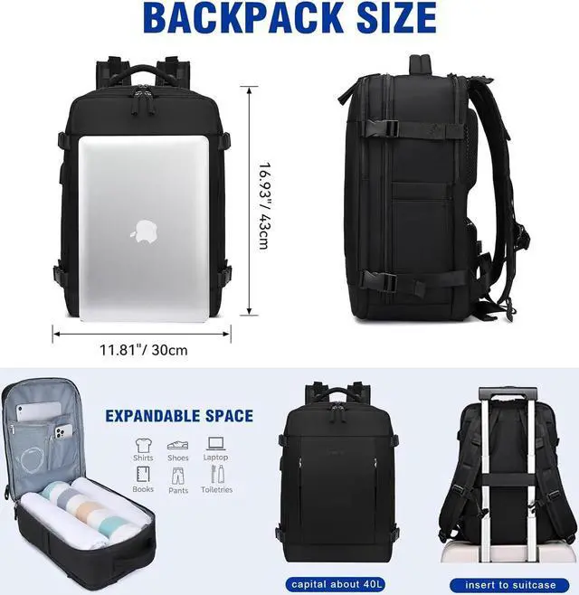 Alt view image 4 of 7 - 40L Travel Backpack for Men, 17-inch Laptop Backpack Carry-On Backpack Airline Approved, Anti-theft Backpack with USB Port, Hiking Backpack for Flight, Black