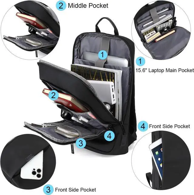 Alt view image 6 of 7 - AUGUR Business Slim Backpack for Men Women 15.6 inch Water Resistant Laptop Backpack with USB Charger Computer Notebooks Lightweight Small Backpacks For School/Travel/Business/Work/College Bag