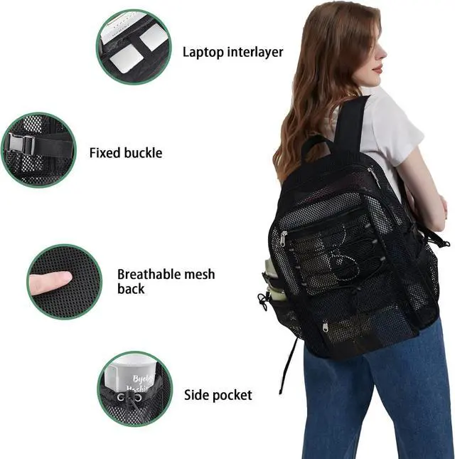 Alt view image 5 of 7 - Mesh Backpack Heavy Duty for School, 23L Mesh Bookbag for Adults, See Through Black Mesh School Bag with Laptop Pocket for Work Swimming Beach Fitness Sport