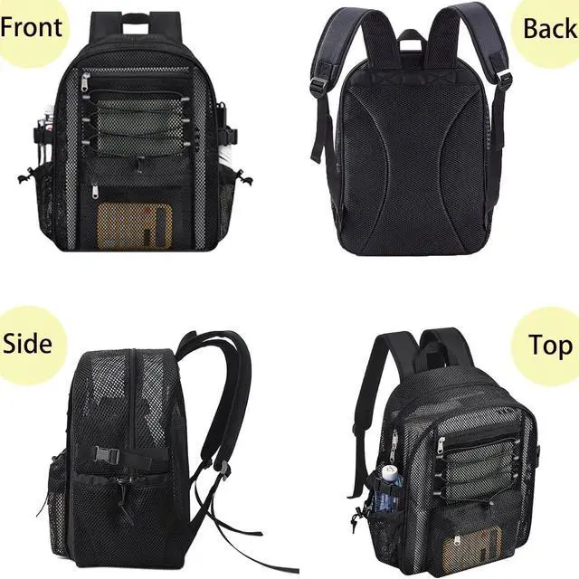 Alt view image 6 of 7 - Mesh Backpack Heavy Duty for School, 23L Mesh Bookbag for Adults, See Through Black Mesh School Bag with Laptop Pocket for Work Swimming Beach Fitness Sport