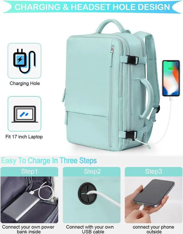 Alt view image 5 of 7 - Large Travel Backpack, Carry On Backpack Airline Approved, 17inch Laptop Backpack, Waterproof Hiking Backpack, Sports Gym Business Daypack, Weekender Bag (Blue-green)