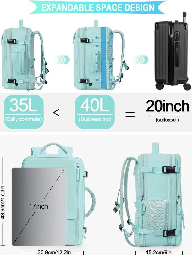 Alt view image 4 of 7 - Large Travel Backpack, Carry On Backpack Airline Approved, 17inch Laptop Backpack, Waterproof Hiking Backpack, Sports Gym Business Daypack, Weekender Bag (Blue-green)