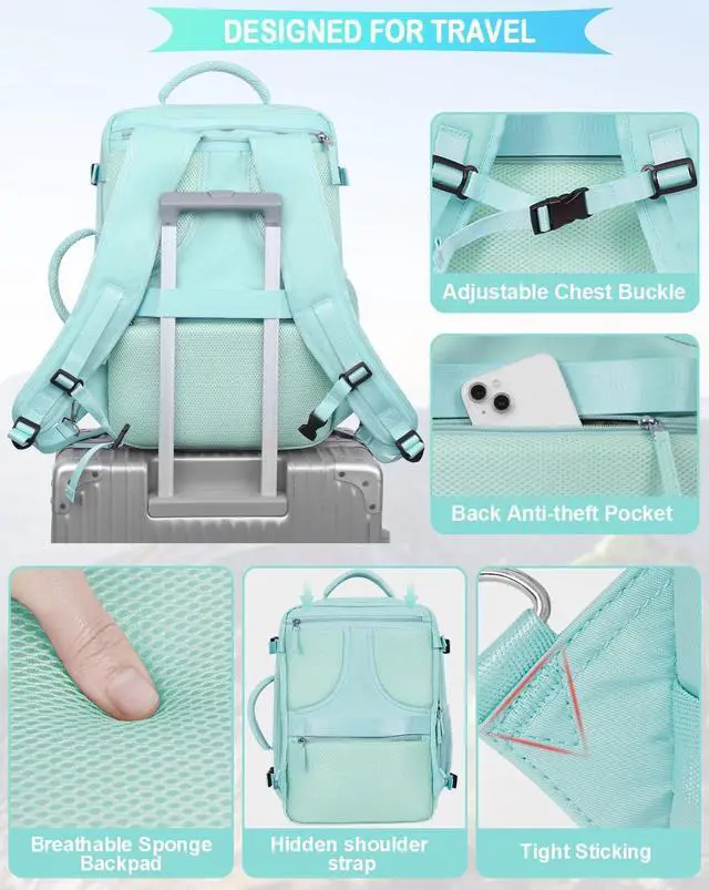 Alt view image 6 of 7 - Large Travel Backpack, Carry On Backpack Airline Approved, 17inch Laptop Backpack, Waterproof Hiking Backpack, Sports Gym Business Daypack, Weekender Bag (Blue-green)