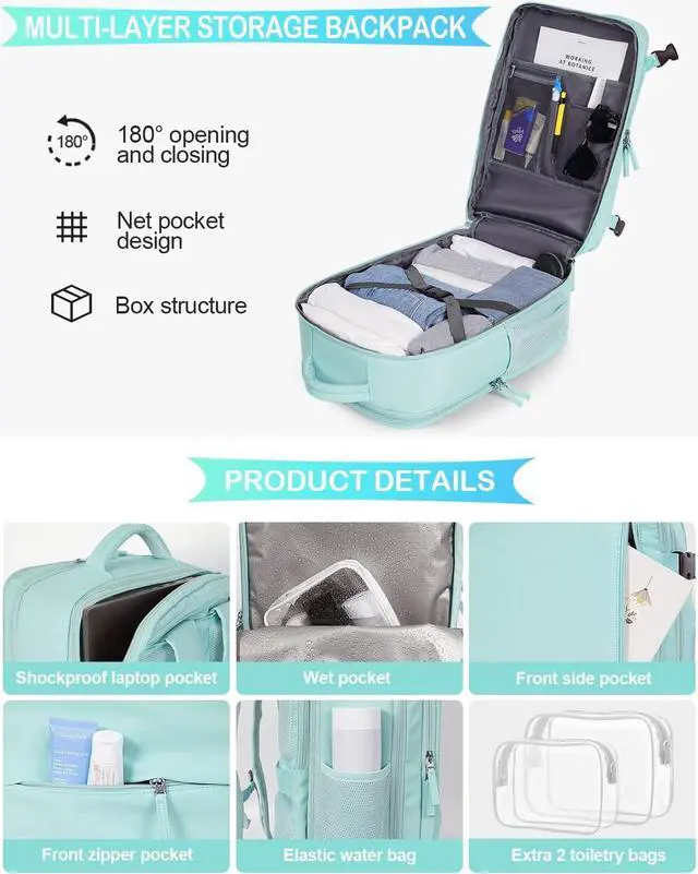 Alt view image 3 of 7 - Large Travel Backpack, Carry On Backpack Airline Approved, 17inch Laptop Backpack, Waterproof Hiking Backpack, Sports Gym Business Daypack, Weekender Bag (Blue-green)