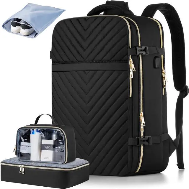 Main image of MOMUVO Carry On Backpack for Women, Flight Approved Large Travel Laptop Backpack with 3 Packing Cubes & USB Charge Port, 17 Inch Water Resistant Luggage Travel Bag for Weekender Business, Black