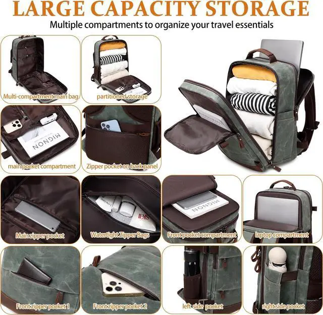 Alt view image 3 of 6 - Travel Backpack for Men Carry On Backpack Flight Approved Personal Item Backpack, 17 inch Laptop Backpack Casual Daypack Weekender Business Hiking Backpack, Dark Green