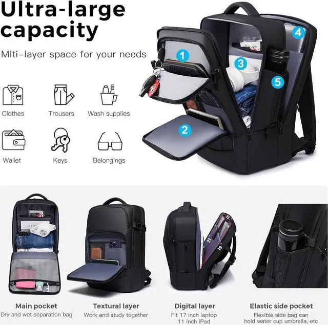 Alt view image 2 of 7 - Travel Backpack for Men, 17.3 Inches Business Laptop Backpack Water-Resistant Carry on Airline Approved 18x14x8 Luggage Weekender Backpack with USB Charger Port
