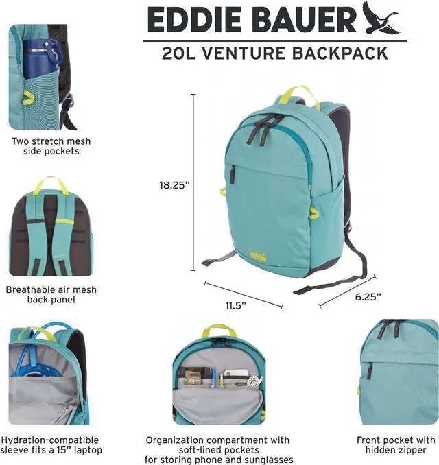 Alt view image 7 of 7 - Eddie Bauer Venture Backpack with Organization Compartments and Hydration/Laptop Compatible Sleeve, Carbon Black, 20L