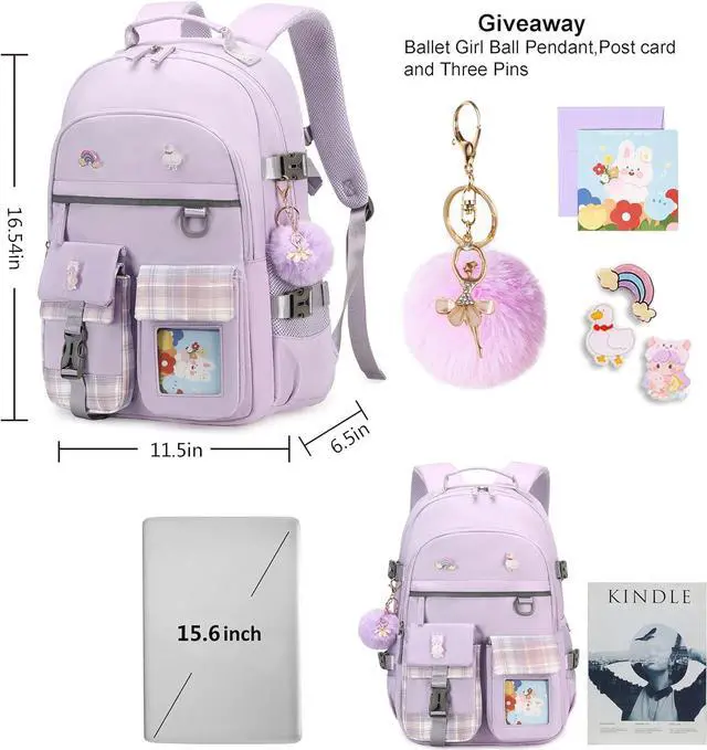 Alt view image 6 of 7 - Backpack for Girls, 15.6 Inch Laptop School Bag Kids Kindergarten Elementary College Backpacks Large Bookbags for Teen Girl Women Students Casual Travel Daypacks (Purple)