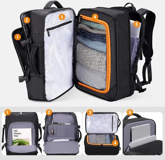 Alt view image 4 of 7 - HOMIEE Carry On Luggage 22x14x9 Airline Approved 50L Travel Backpack, Extra Large Expandable Laptop Backpack, Black