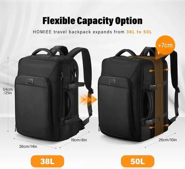 Alt view image 3 of 7 - HOMIEE Carry On Luggage 22x14x9 Airline Approved 50L Travel Backpack, Extra Large Expandable Laptop Backpack, Black