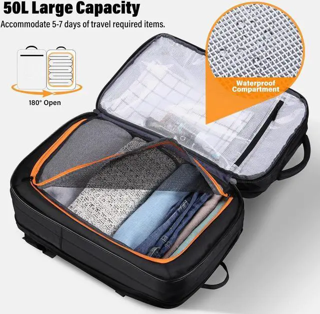 Alt view image 5 of 7 - HOMIEE Carry On Luggage 22x14x9 Airline Approved 50L Travel Backpack, Extra Large Expandable Laptop Backpack, Black