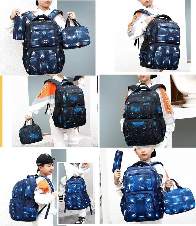 Alt view image 7 of 7 - JiaYou Space Pattern Galaxy Backpack Boys Primary Junior Middle School Daypack Men High Middle School Laptop Bag(Star-Dark Blue,3Pcs Backpack Set)