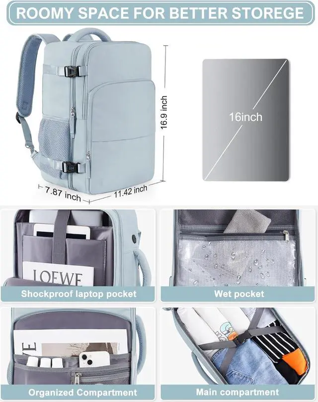 Alt view image 7 of 7 - Beraliy Large Travel Backpack, Carry On Bags For Airplanes, Lightweight Personal Item Bag, Laptop Backpack, Casual Work Gym College Weekender Bag, Light blue