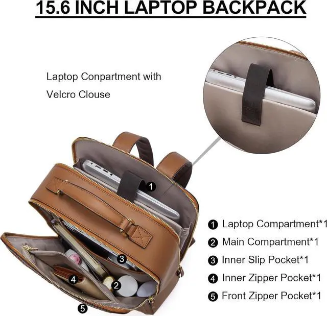 Alt view image 2 of 6 - BOSTANTEN Leather Backpack 15.6 inch Laptop Bag Travel Casual Computer Backpack College Business Work Shoulder Bags with Trolley Sleeve for Women Men Brown