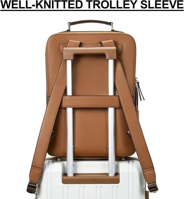Alt view image 6 of 6 - BOSTANTEN Leather Backpack 15.6 inch Laptop Bag Travel Casual Computer Backpack College Business Work Shoulder Bags with Trolley Sleeve for Women Men Brown